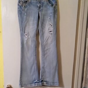 Amethyst Jeans Light Blue Distressed Flare, Size 7